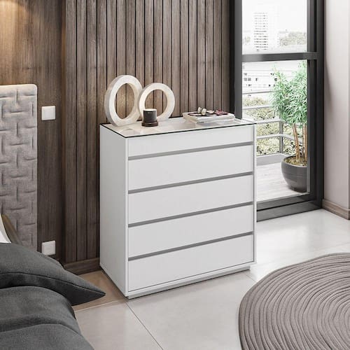 imagem-Cômoda 5 Gavetas com Organizador Tampo Vidro Belize Casa D Branco