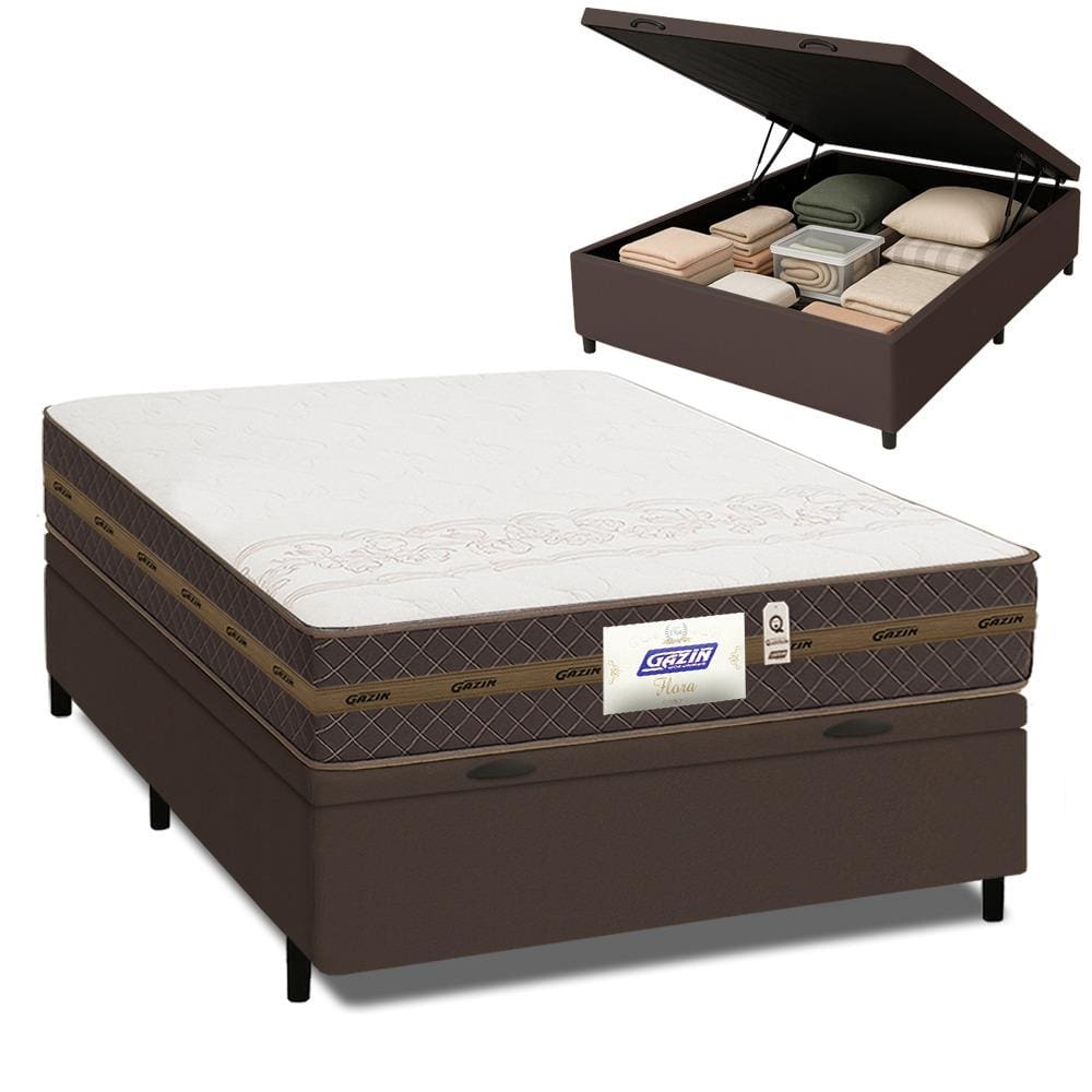 Cama Box Baú Casal Colchão Molas Flora Marrom / Branco 138x188x63cm