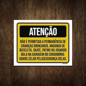 Placa Atenção Proibido Crianças Brincando Garagem 18X23