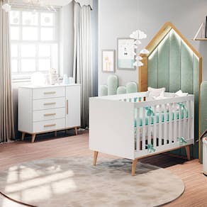 Conjunto Infantil Retrô Cômoda 4 Gavetas com Porta e Berço Mini Cama Retrô Ludmila Branco Fosco Bétula Carolina Baby