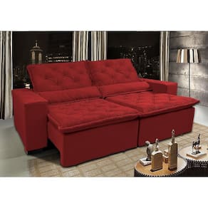 Sofá Lisboa 2,32m Retrátil, Reclinável, Molas no Assento Tecido Suede Velusoft Vermelho Cama InBox