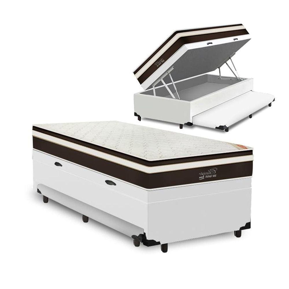 Cama Box Baú e Auxiliar Solteiro Branca + Colchão de Molas - Anjos - Classic Superlastic - 88x188x64cm