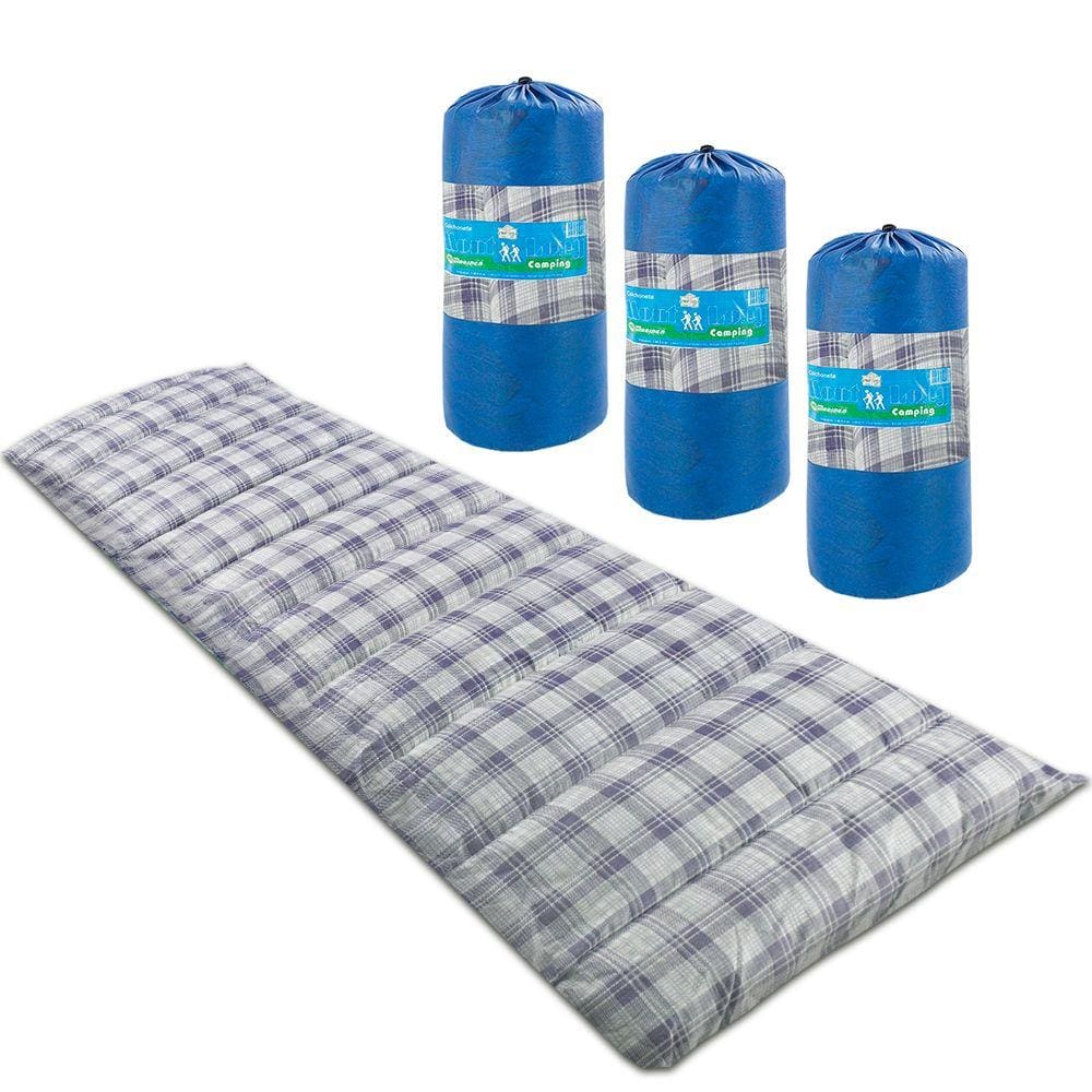 Kit 3 Colchonetes Solteiro 190x60cm Camping com Bolsa para Transporte Xadrez Azul