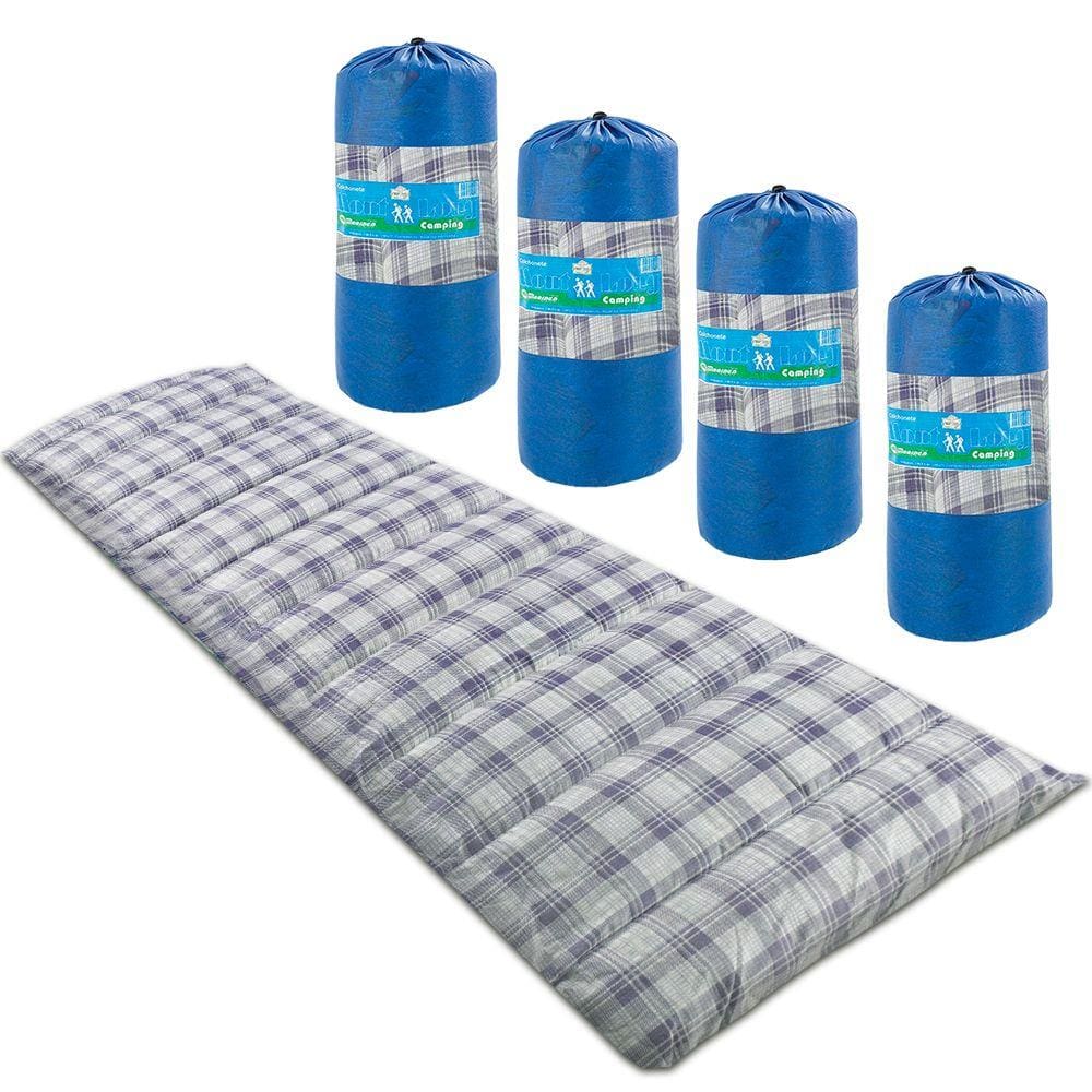 Kit 4 Colchonetes Solteiro 190x60cm Camping com Bolsa para Transporte Xadrez Azul
