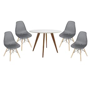 Conjunto Mesa Square Redonda Tampo Branco Fosco 88cm com 4 Cadeiras Eames Colméia Preta com Base Madeira