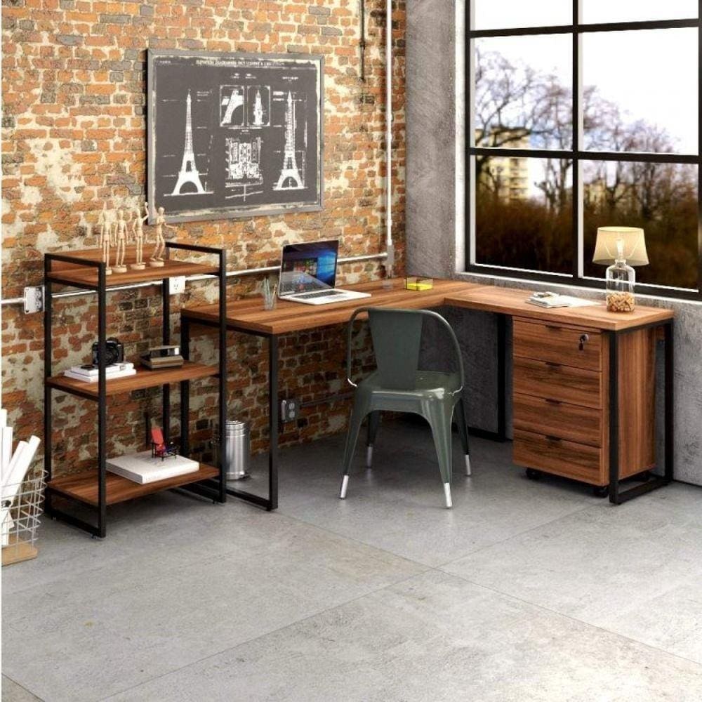 Escritório Completo com Mesa para Computador, Estante Livreiro e Gaveteiro Volante Espresso Móveis Nogal/Preto