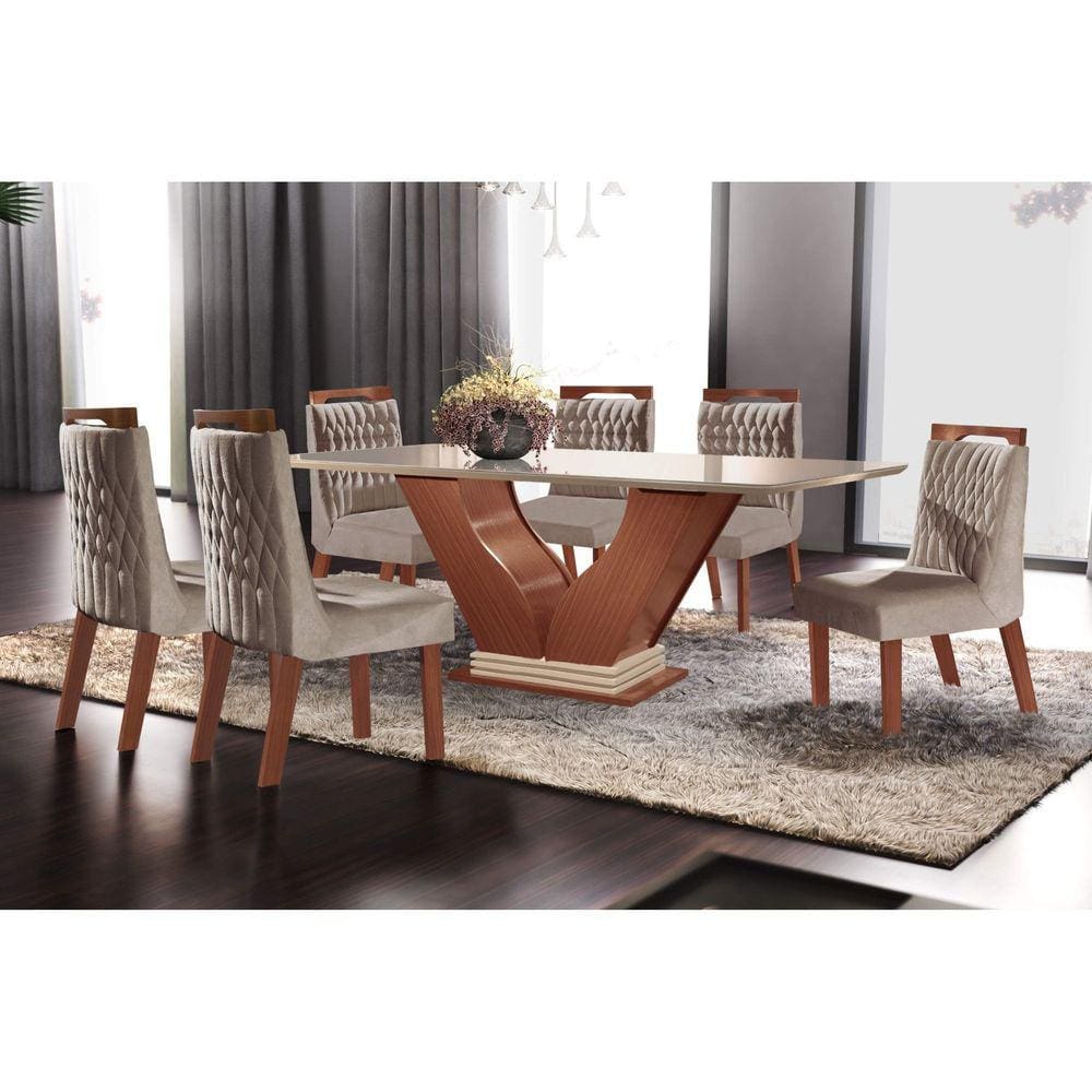 Conjunto Mesa Jantar com 06 Cadeiras Diamante RV Móveis Cinamomo/Off  White/Pena Caramelo