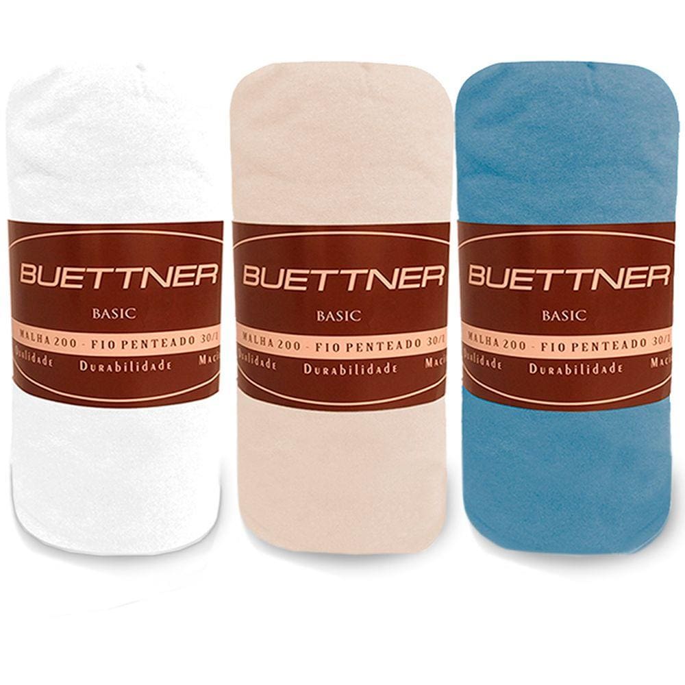 Kit 3 Lençol Solteiro Avulso de Malha 100% Algodão com Elástico Buettner BRANCO PEROLA AZUL