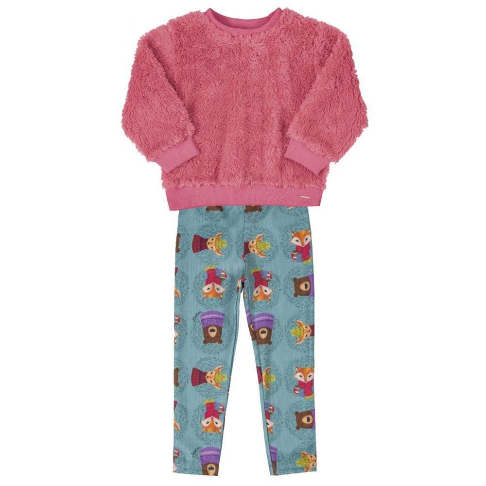 Conjunto Infantil Blusão em Pelo e Calça em Malha Flanelada Pink Up Baby