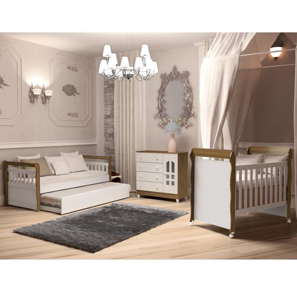 Quarto de Bebê com Bicama Julia Cômoda Selena e Berço Mirelle Carolina Móveis Amadeirado Rústico