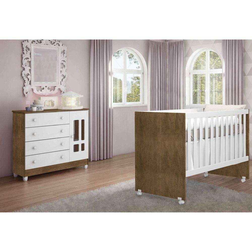Quarto de Bebê Ariel com Cômoda Fraldário e Berço Gabi Carolina Móveis Amadeirado Rústico