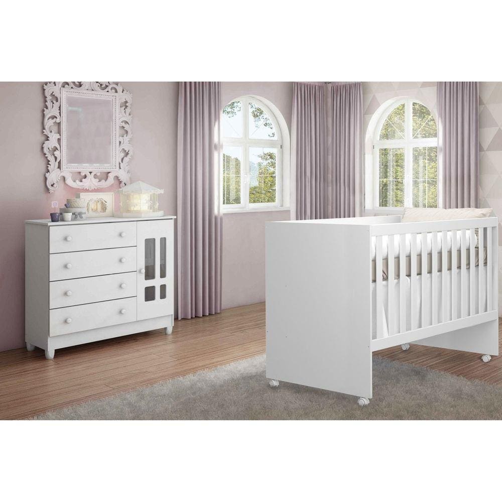 Quarto de Bebê Ariel com Cômoda Fraldário e Berço Gabi Carolina Móveis Branco Brilho