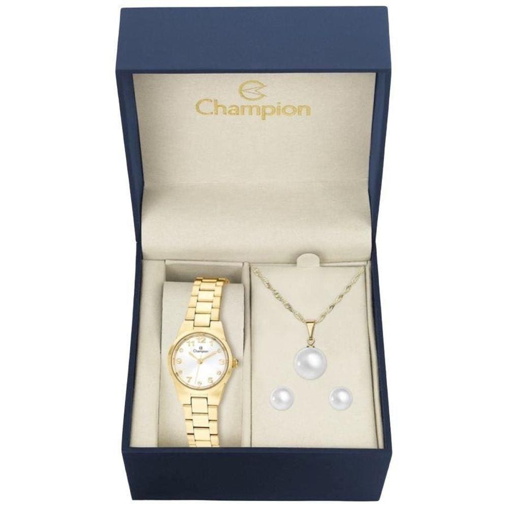 Kit Relógio Feminino Champion Dourado Ch26846W