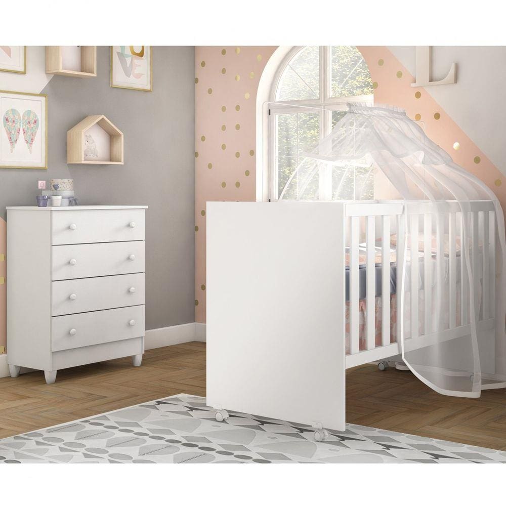 Quarto de Bebê Ariel com Cômoda 4 Gavetas e Berço Gabi Carolina Móveis Branco Brilho