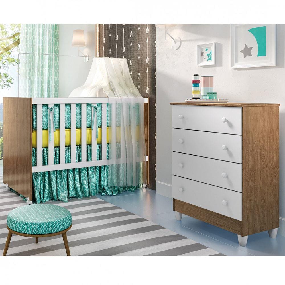 Quarto de Bebê Ariel com Cômoda 4 Gavetas e Berço Gabi Carolina Móveis Amadeirado Rústico