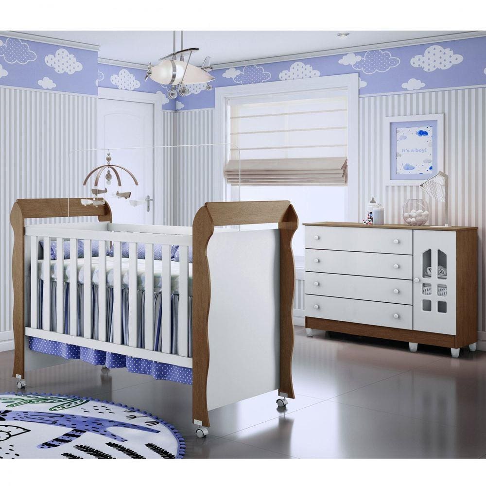 Quarto de Bebê Mirelle com Berço Mini Cama e Cômoda Gran Selena Carolina Móveis Branco/Amadeirado