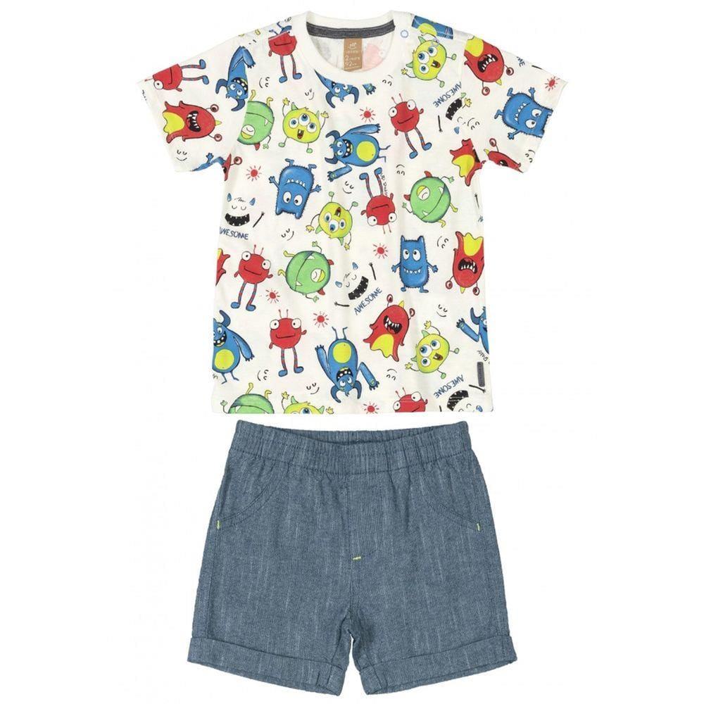 Conjunto Infantil Camiseta e Bermuda Monstros Bege Up Baby