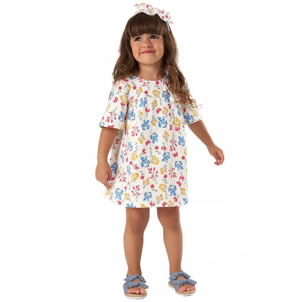 Vestido Infantil Manga Curta com Faixa Floral Bege Up Baby