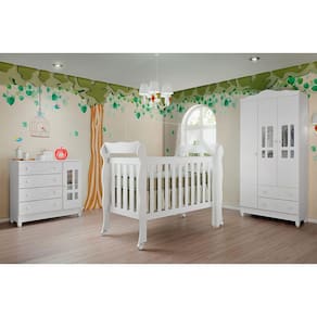 Quarto Infantil Completo Guarda Roupa 3 Portas, Cômoda 4 Gavetas com Porta Ariel, Berço 3 em 1 Lila