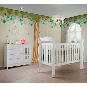 Conjunto Infantil Cômoda 4 Gavetas com Porta Ariel e Berço 3 em 1 Americano Lila