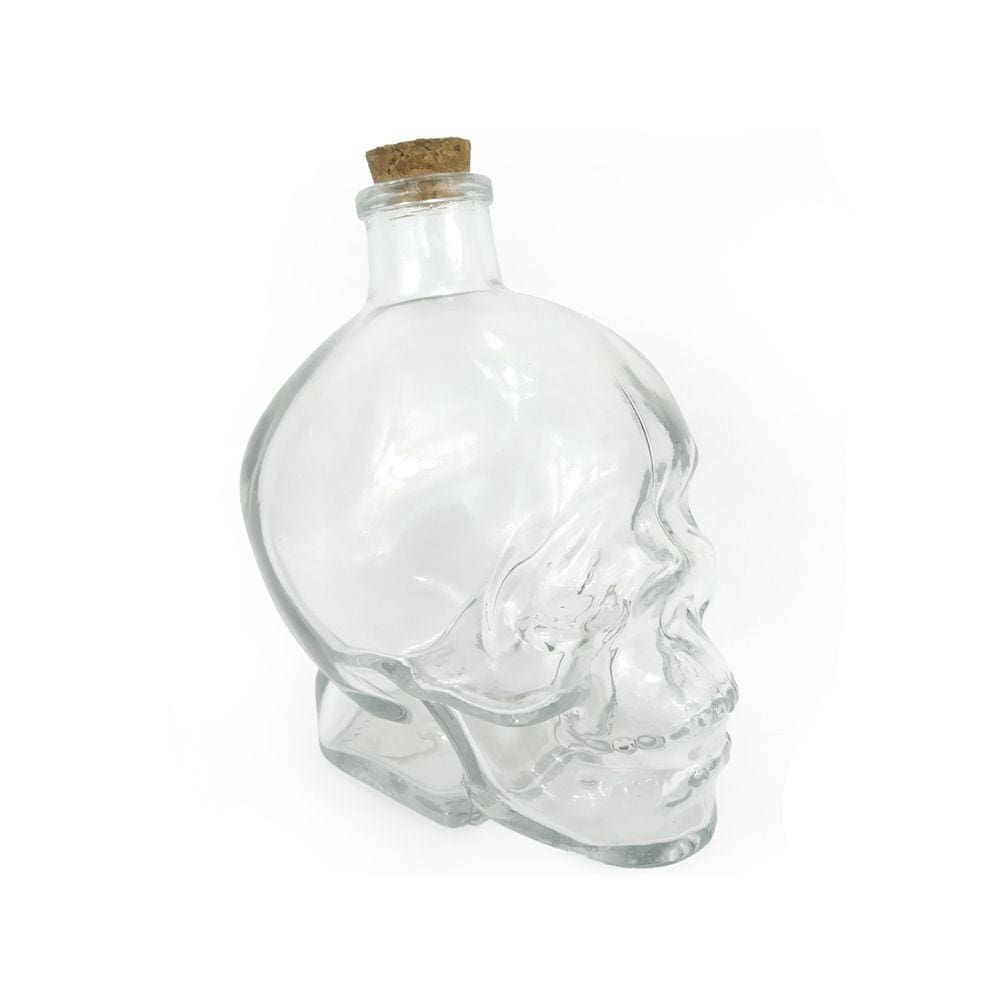 Garrafa de Vidro Formato Cranio Caveira Com Tampa Rolha Resistente 450ml