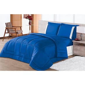 Kit Aconchego Queen Edredom+ Jogo Lençol Roupa De Cama Azul