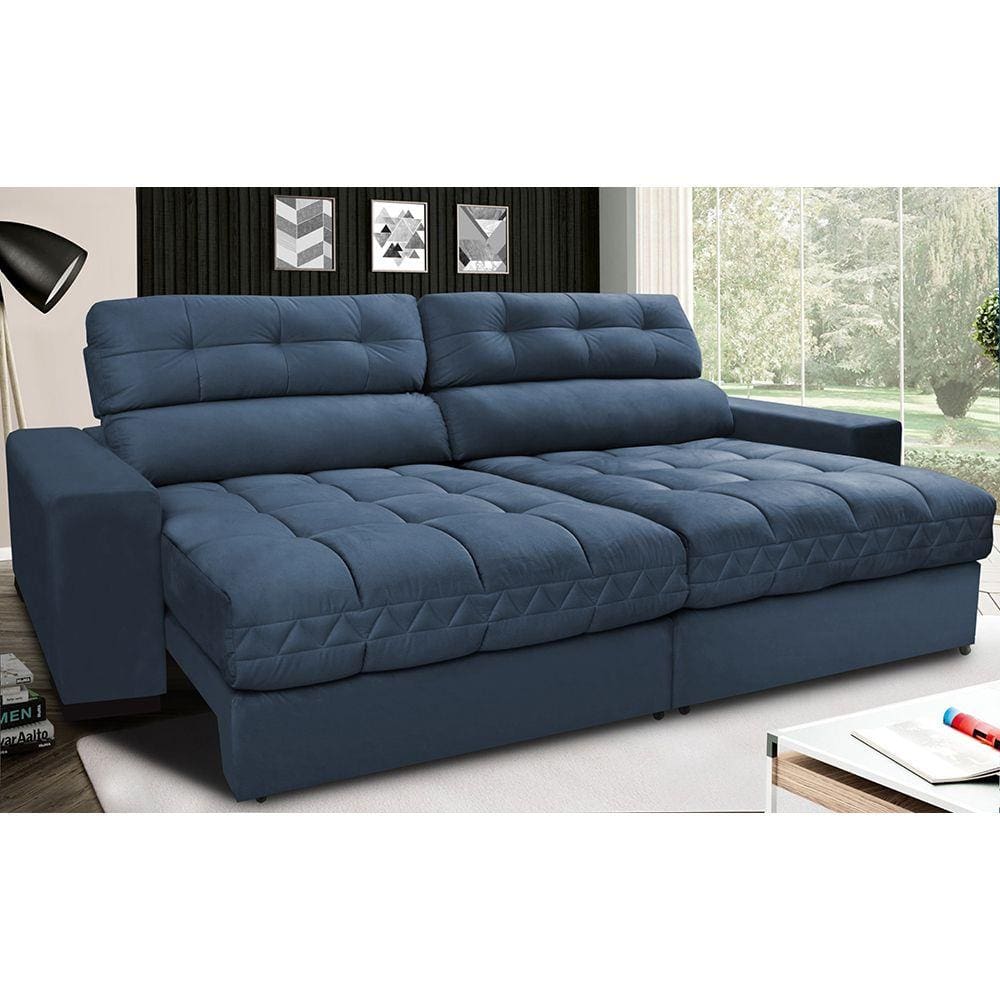 Sofá Retrátil e Reclinável com Molas Ensacadas Cama inBox Master 2,12m Tecido Suede Azul