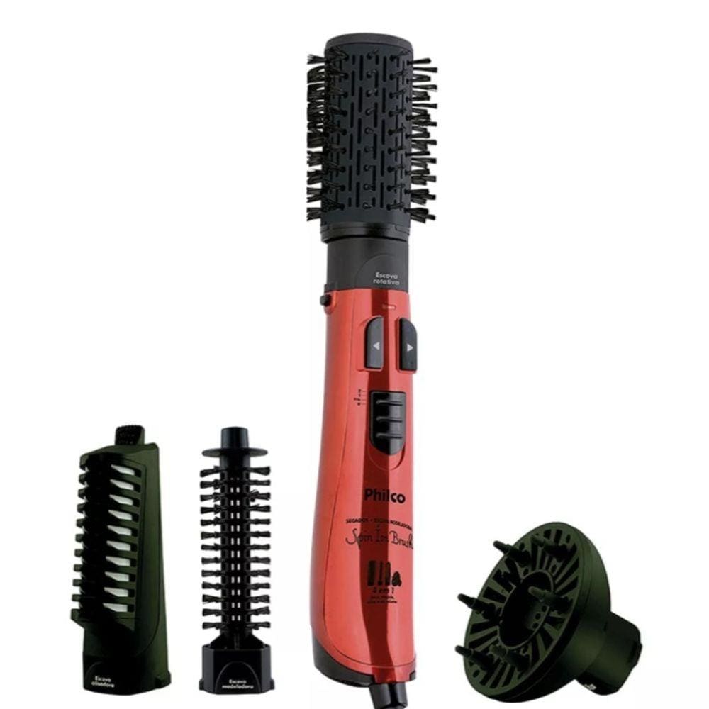 Escova Rotativa Seca Modela Alisa Philco Spin Brush 4 em 1 PEC05V 1100W Vermelha