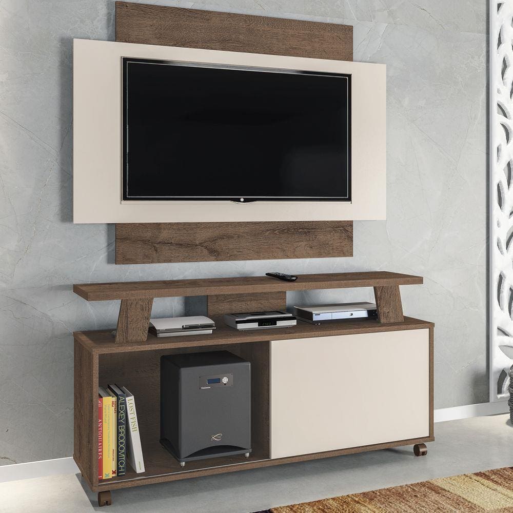 Rack Com Painel Para Tv Até 50 Polegadas Rivera 1 Porta Mocaccino Rústico/3d Marrom Off White