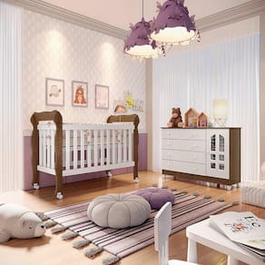 Conjunto Infantil Cômoda 4 Gavetas com Porta Grande Selena e Berço 3 em 1 Americano Lila Amadeirado