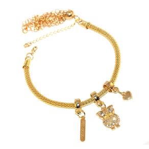Pulseira Berloque Pedagogia Coruja Coração Folheado 18k