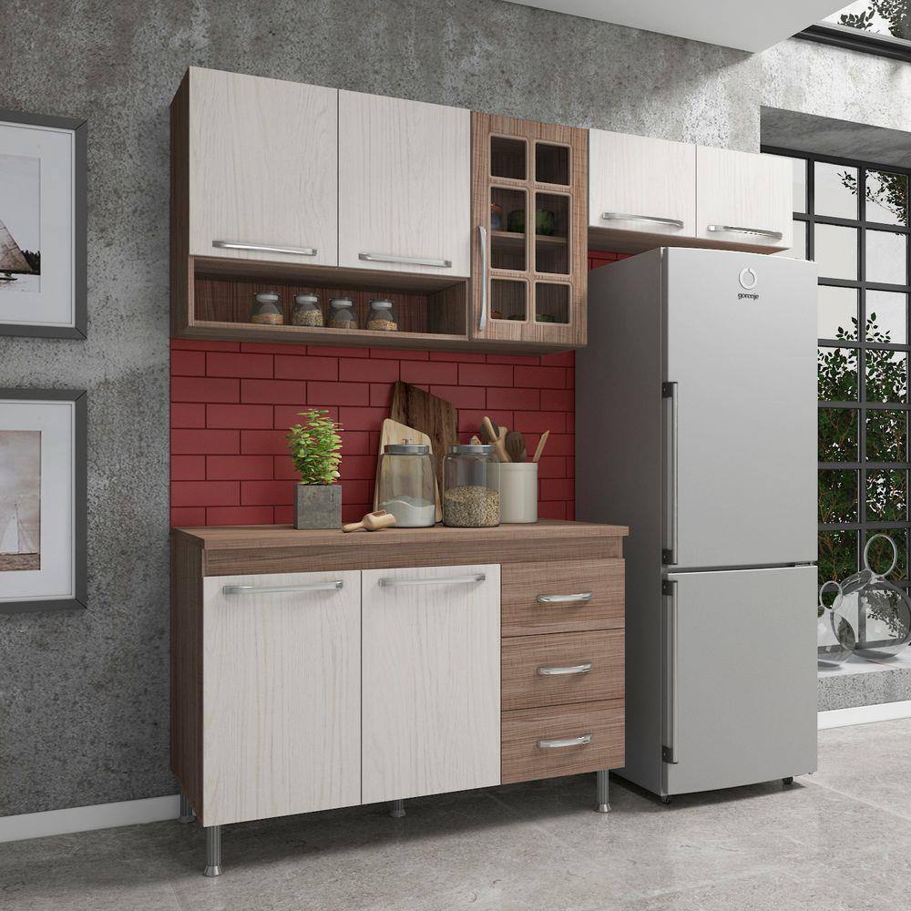 Cozinha completa sophie viena modulada 6 peças 295 cm 15 portas 3 gavetas  com tampo branco