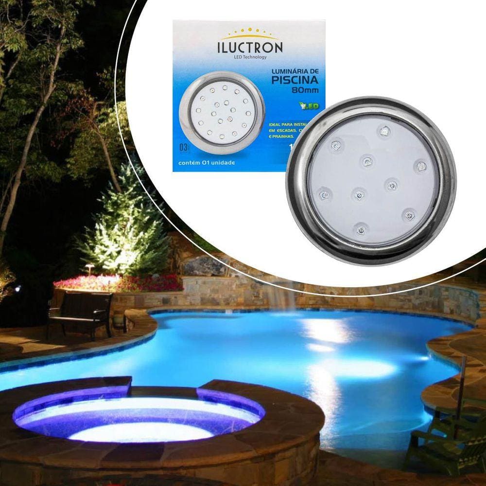 Led Piscina Ø80mm 9w Cromado Luz Azul + Fonte 2a St1849