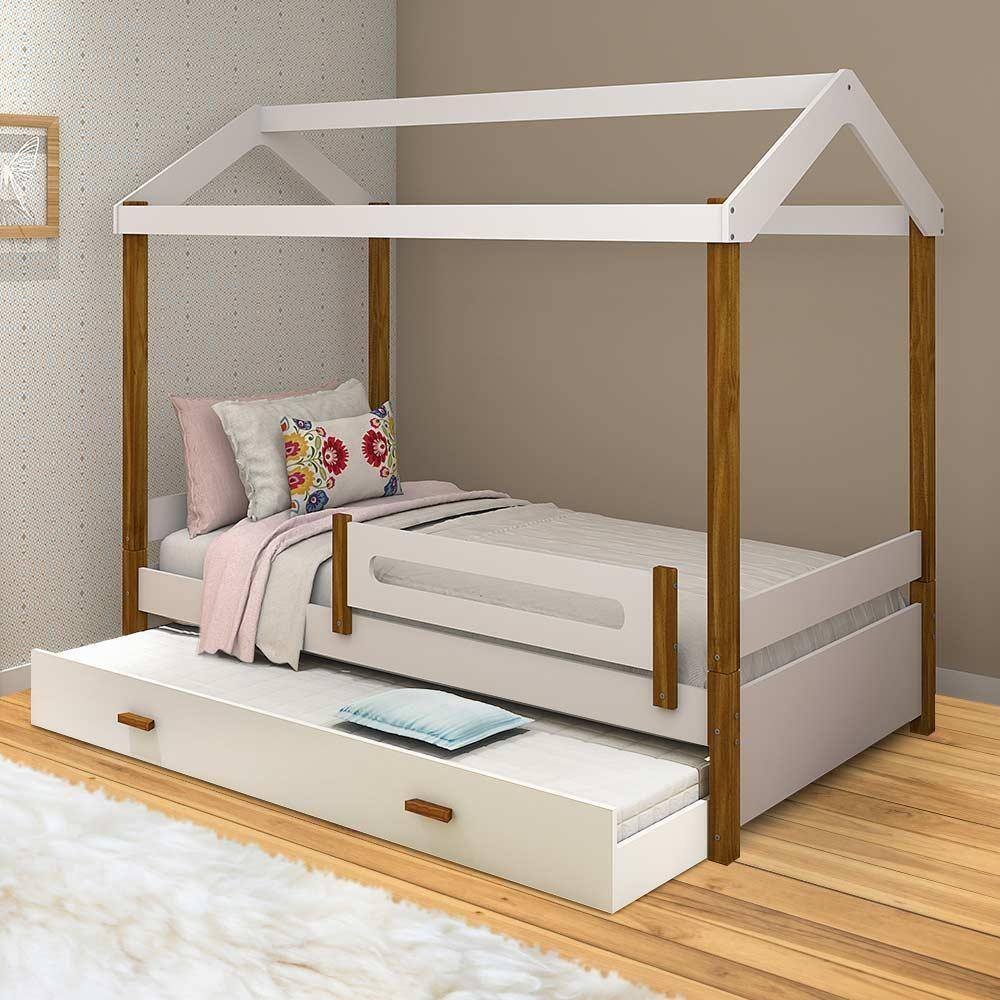 Cama de solteiro com cama auxiliar casinha Elis Divaloto Branco e Mel - Branco