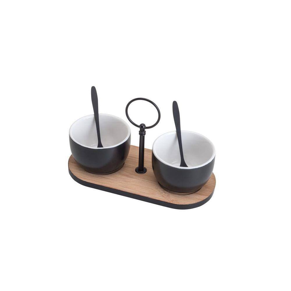 Bandeja De Bambu Com 2 Molheiras E 2 Colheres 20X9,5Cm - Preto