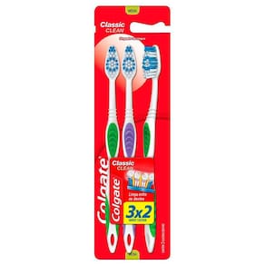 Escova Dental Colgate Classic Clean Macia Cores Sortidas com Limpador de Língua Leve 3 Pague 2 Unidades