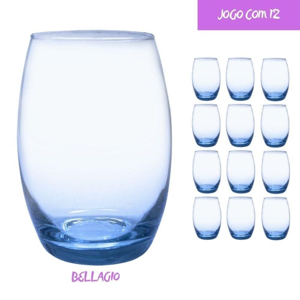 12 Copos Vidro Bellagio Redondo 450ml Grande Colorido Azul