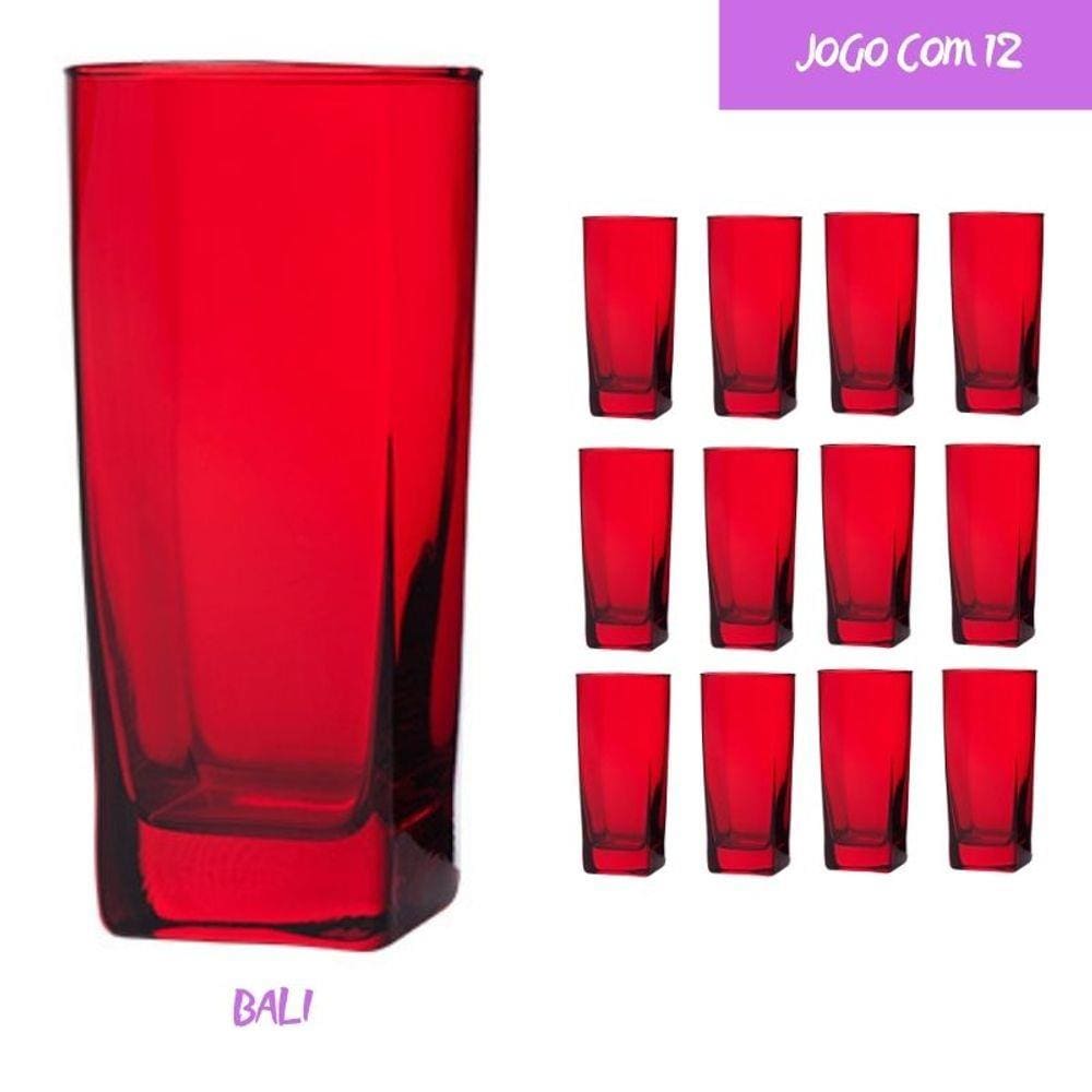 Jogo 12 Copos Vidro Bali Quadrado Luxo 320ml Vermelho