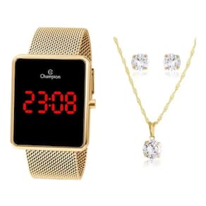 Relogio Champion Dourado Quadrado Digital Led Vermelho Ch40080v + Semi Joia