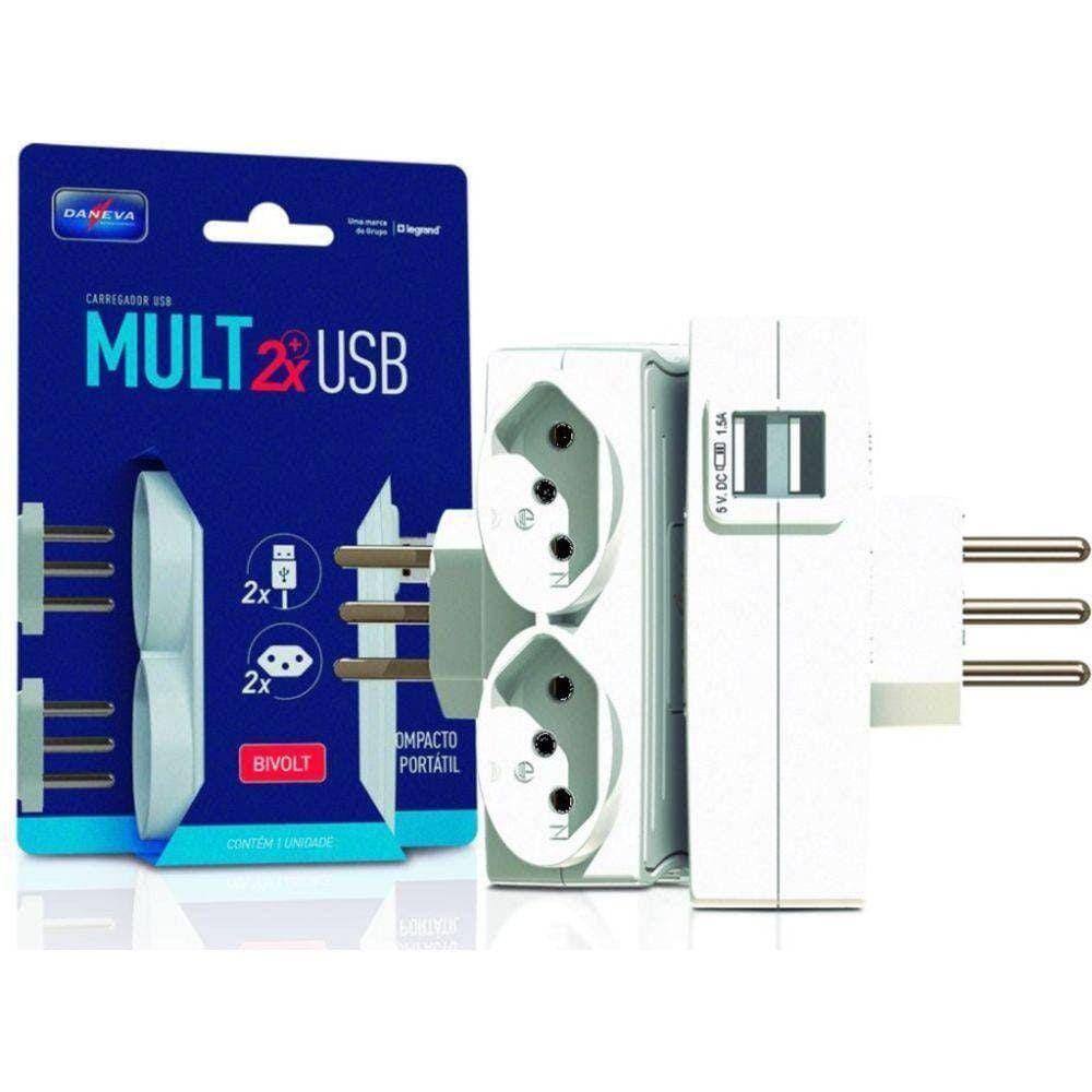 Carregador 2 Usb e 2 Tomadas Branca Bivolt Daneva