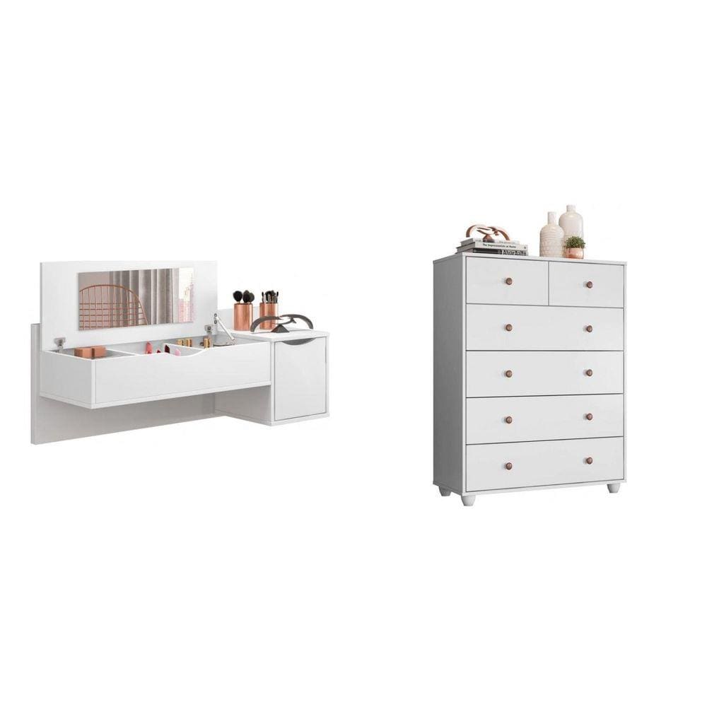 Conjunto Quarto Solteiro Cômoda 6 Gavetas e Penteadeira Camarim com Espelho Espresso Móveis Branco Fosco Liso/Branco Fosco