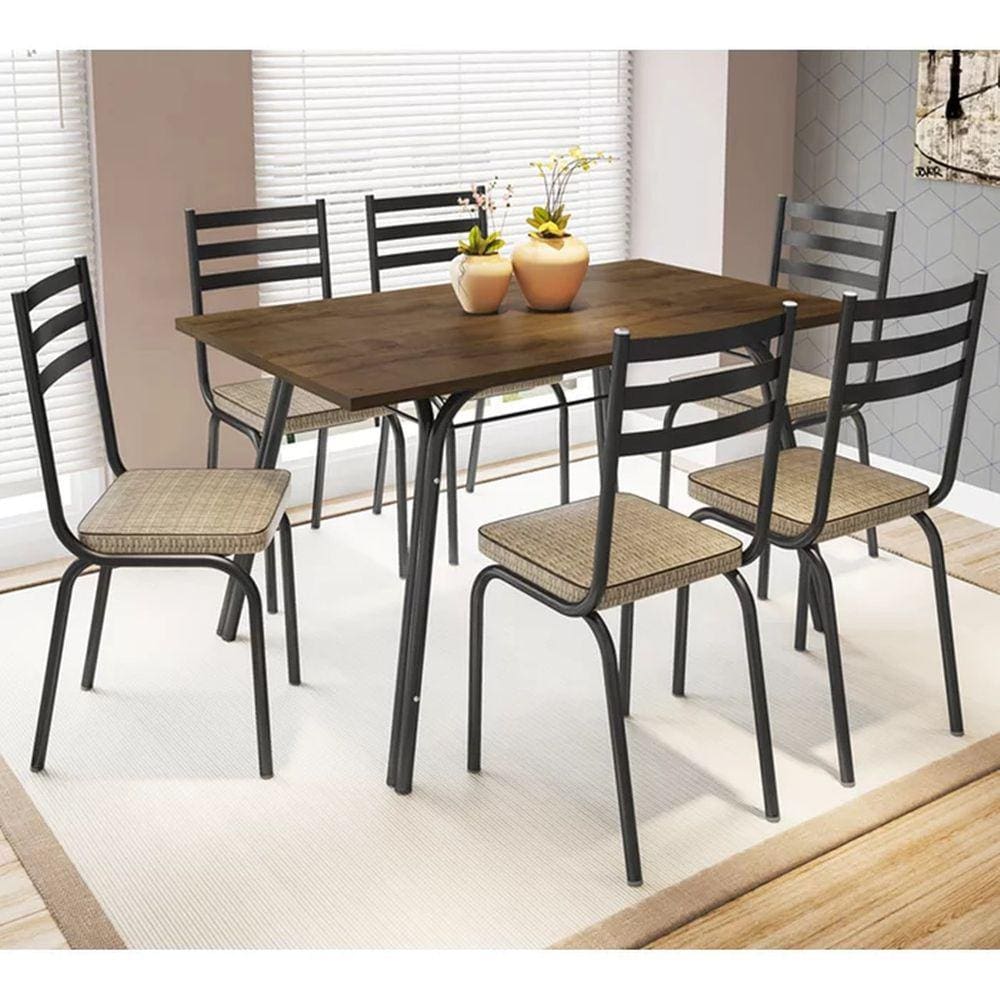 Conjunto De Mesa Tampo BP 1,36 m  Base 3118 Com 6 Cadeiras Lotus 118 Preto Rattan Artefamol