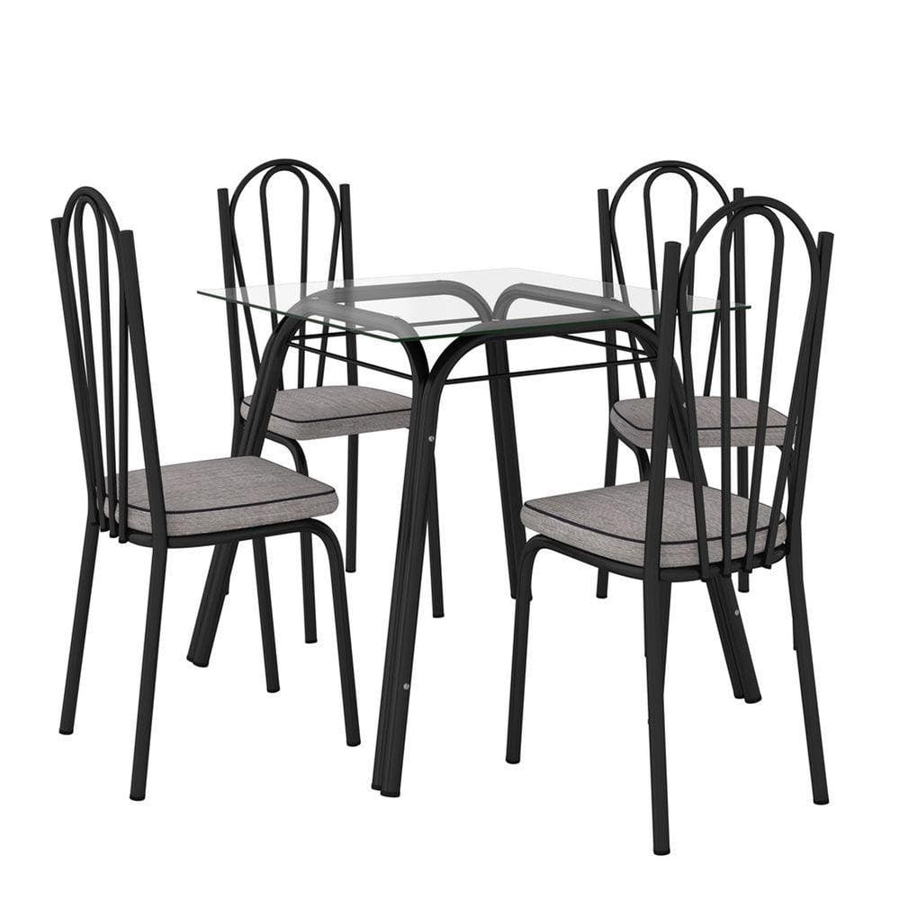 Conjunto de Mesa Lotus SF Preto Vidro Incolor De 75 cm Com 4 Cadeiras 121 Preto Assento Platina Artefamol