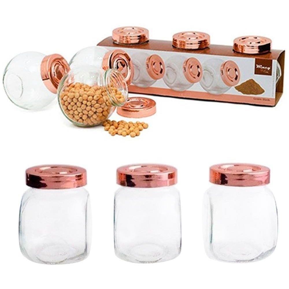 Porta Tempero Condimentos 3 Potes Vidro Rose Gold Cozinha - Transparente