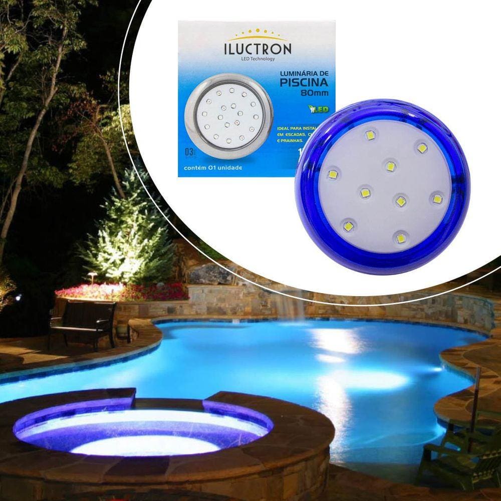 2x Luminária Piscina Azul Led Ø80mm 9w Luz Branco Frio + Fonte St1855