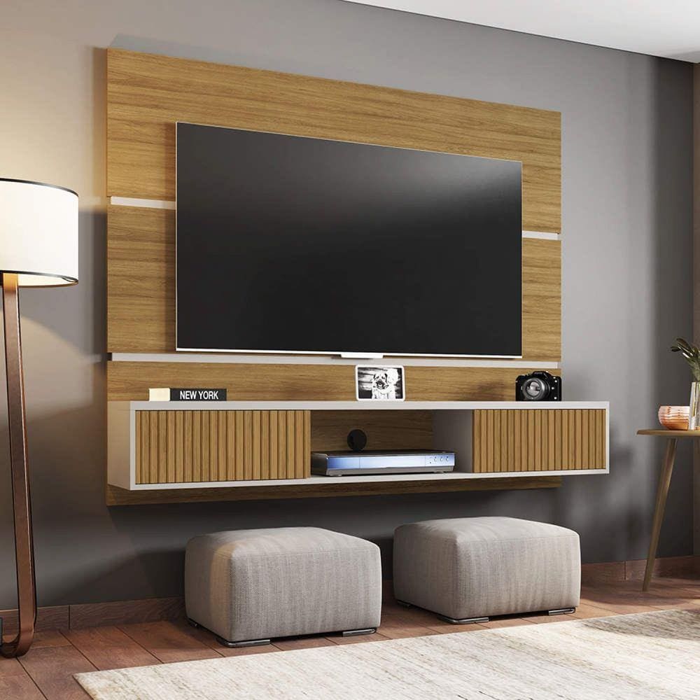 Painel para TV até 65 Polegadas 2 Portas Âmbar Móveis Bechara Cinamomo/Off White/Ripado