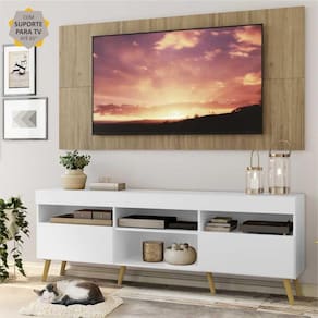 Rack c/ Painel e Suporte TV 65" Branco/Rustic Londres Multimóveis Pés Retrô Natural
