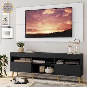 Rack c/ Painel e Suporte TV 65" Preto/Branco Londres Multimóveis Pés Retrô Natural