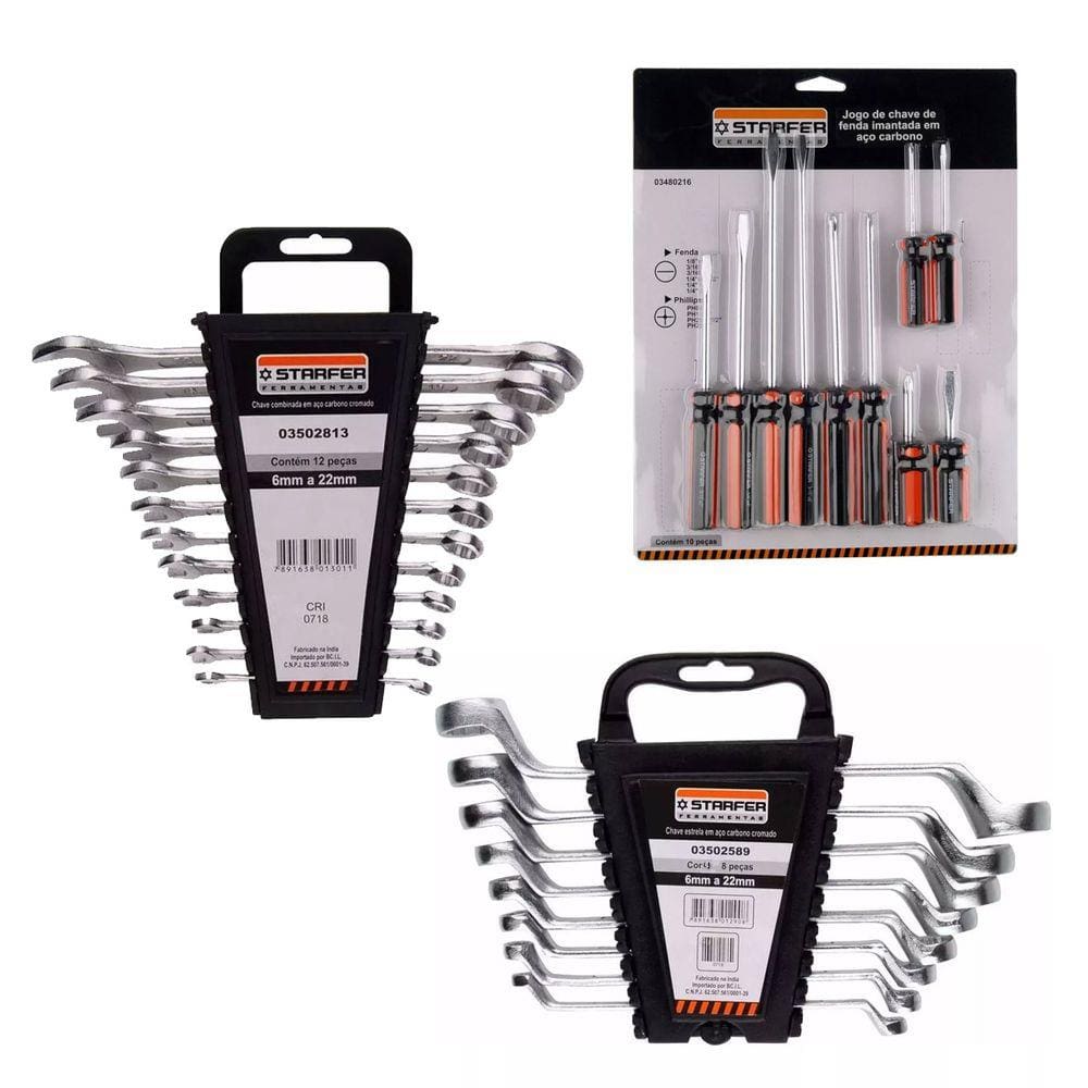 Kit Chave Fenda 10 Pçs, Chave Combinada 12pçs E Estrela 8pçs