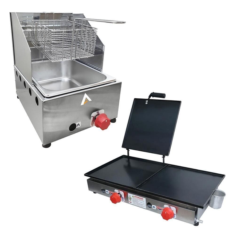Kit Lanchonete Chapa 60cm com Prensa e Fritadeira Profissional 1 Cuba Alcamar